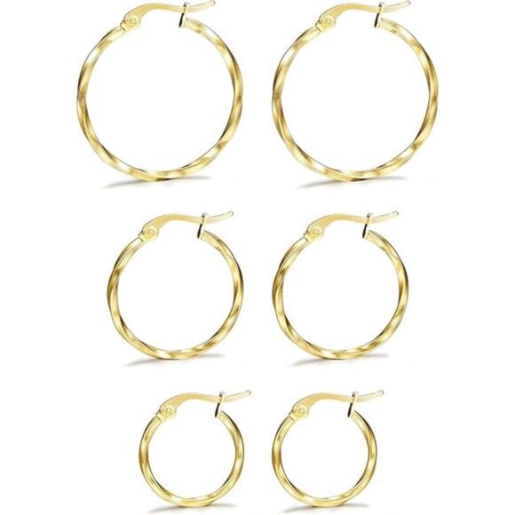 3Pairs Stainless Steel Twisted Gold Silver Small Hoop Earrings Set 15-25mm - Picture 7 of 7